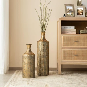 Set of 2 Floor Metal Vase for Decor Antique Gold Ginkgo Leaf Pattern Tall Flower - Picture 1 of 7