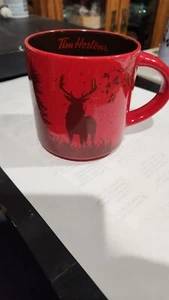 Tim Hortons 2017 RED Ceramic Coffee Mug  Deer Elk Trees - Picture 1 of 4
