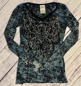 VOCAL || Verziertes Langarm-Burnout-Top in türkis + schwarz - Gr. Medium - Bild 1 von 5