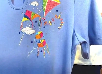 Quacker Factory Size 3X Blue Spring Showers w/Charm Short Sleeve Top - Image 1 of 3