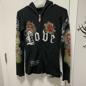 Ed Hardy Tattoo Zip Up Hoodie Xs Y2K Strass Totenkopf Blume - Bild 1 von 10