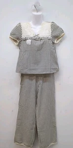 Zeba Short Sleeve Lace Top & Wide Leg Pajama Stripped Set Size S Black & Cream - Picture 1 of 10