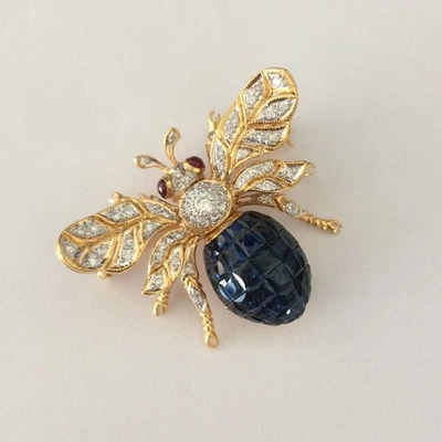 Broche Abeja Oro Amarillo 18k Diamantes Blancos Naturales, Zafiros Azules, Rubíes 5.25ct Foto 1 de 4