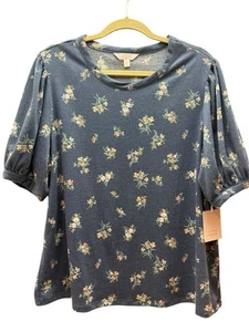Lauren Conrad Pullover Shirt Damen XL Kurzarm Blau Blumen Neu mit Etikett - Bild 1 von 5