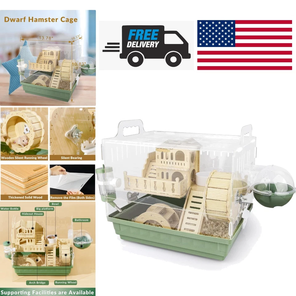 Jaula para hámster animal pequeño verde 8 en 1 hábitat acrílico de dos niveles con accesorios Foto 1 de 4