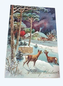 Antike Postkarte Frohe Weihnachten 1909 mit Hirsch Winterszene - Bild 1 von 2