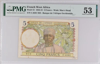 i-200298 French West Africa 5 Francs 1934-41. PMG 53 - Image 1 of 2