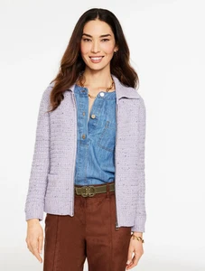 Tweed Zip Front Cardigan, color LIGHT PURPLE MULTI Talbots, NWT $139 All size - Picture 1 of 3
