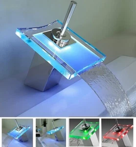 Grifo de baño LED cascada de vidrio tocador mezclador caño ancho fregadero grifos - Imagen 1 de 3