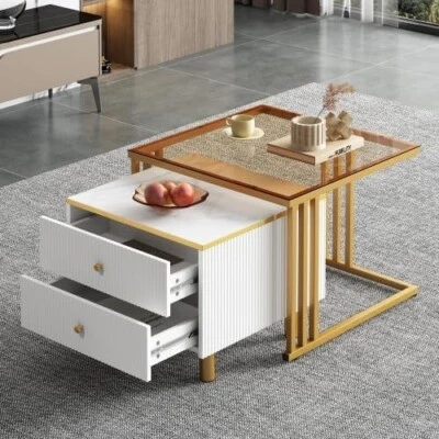 Coffee Tables Set of 2 Nesting  with Drawer Marble Top Gold Metal Frame Modern - Image 1 of 4