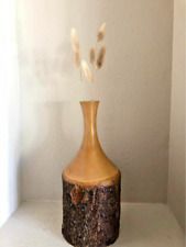 Vintage Hand Turned Wood Vase Natural with Bark Boho MCM