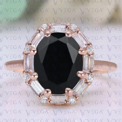 Anillo de oro rosa sólido de 14 k 100 % real de ónix natural y diamantes de corte ovalado de 5,50 quilates Foto 1 de 4