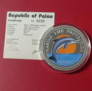 *Nur 700st.! Palau 20 Dollars 1998 5 Oz Silber PP /Farbe *Delfin (Schup.) - Bild 1 von 2
