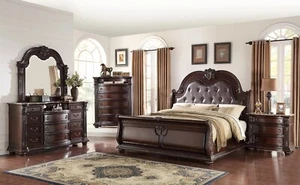 Classic Vintage Style Luxury 4pc Bedroom Set Furniture Brown Finish Queen Size - Picture 1 of 9