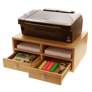 Bamboo Printer Monitor Stand Desk Tidy with Drawers Home Office Storage Shelf