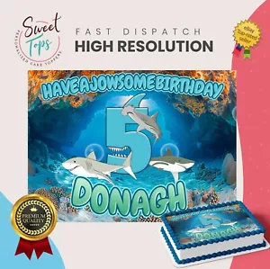 GRANDE SQUALO BIANCO RETTANGOLO PERSONALIZZATO COMMESTIBILE COMPLEANNO CAKE TOPPER DECORAZIONE - Foto 1 di 5