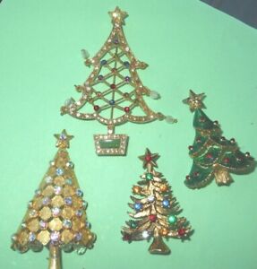Lot 4  Brooch Christmas Tree Goldtone Jeweled Holiday Pins:Avon:Eisenberg,MYLU
