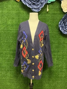 Vintage Ms. Chaus knits blue long cardigan With Gold Buttons size large - Picture 1 of 9