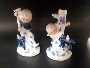 Delft Style Pair Blue/White Ceramic Bud Vases Girl & Boy Puppies Birds Trees Vtg - Picture 1 of 8