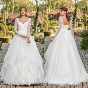 Exquisite A-Line Wedding Dresses V-Neck Long Sleeved Ruffled Tulle Bridal Gowns - Picture 1 of 7