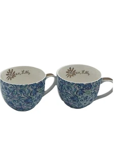 Lilly Pulitzer Hidden Cat Floral Set of 2 Coffee Mug 12 oz Blue Purple Gold Trim - Picture 1 of 12