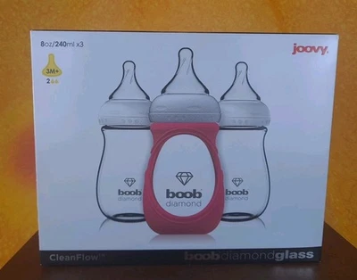 Botellas de vidrio Joovy Boob Diamond nuevas en caja con funda de silicona rosa botellas de 3-8 oz Foto 1 de 4