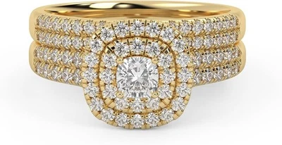 Double Halo Bridal Set Ring 3/4 Ct Cushion & Round Moissanite 10K / 14K Gold - Image 1 of 4