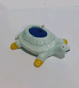 Turtle Pin Cushion Vintage Ceramic 3x4" Blue Green Sewing Sew Craft Art - Picture 1 of 4