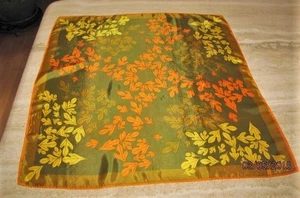 Vera Neumann square scarf; leaf print; olive yellow bronze orange; 26x26 - Picture 1 of 8