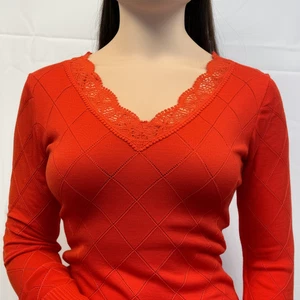 COLLEEN LOPEZ Sweater Womens Size XS Orange Diamond Argyle Lace Trim New - Picture 1 of 6