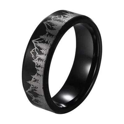 Anillo de boda de carburo de tungsteno de 8 mm con escena de árbol de la Selva Negra para hombre talla 6-15 Foto 1 de 4