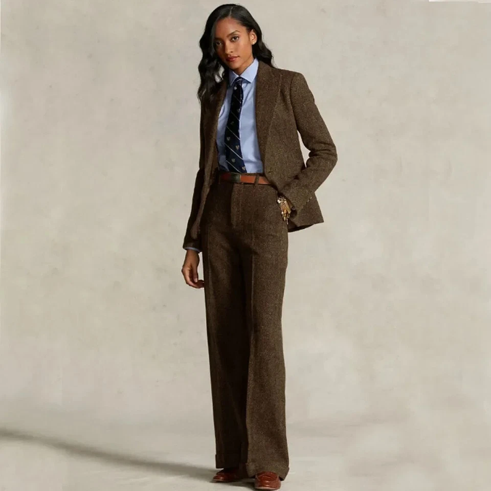 Women's Herringbone Suit 2-piece Set Formal Suits Single-breasted Jacket+Pant - Image 1 of 4