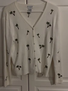 Alexandra Bartlett Off White Cardigan Pullover mit bestickten Palmen Gr. PL - Bild 1 von 7