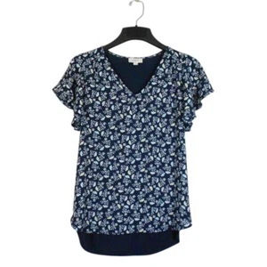 LOFT Outlet Top Womens XS Blue Multi V Neck Short Flutter Sleeves Mixed Media - Picture 1 of 10