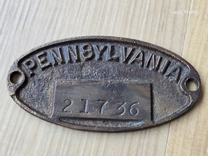 Very old Pennsylvania Railroad 4" long heavy Brass Plate Property Tag vintage - Picture 1 of 3