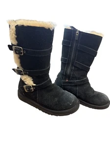 UGG Girls Black Mid Calf Fur Lined Boots Size 4 With Buckles & Zipper Closure SK - Picture 1 of 8