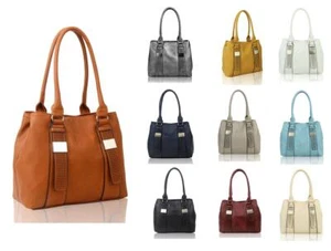 Womens Double Compartmens Decorative Faux Leather Fashion Tote Handbag Hobo Bag - Picture 1 of 19