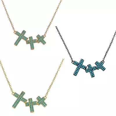 Sterling Silver Necklace w/ Turquoise Stone 3 Crosses Pendant - Image 1 of 2
