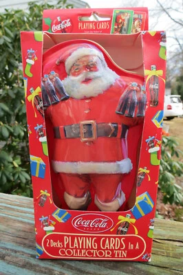 2 decks Coca-Cola playing cards in Santa tin,holiday,NIB,Bicycle,holding bottles - Image 1 of 4
