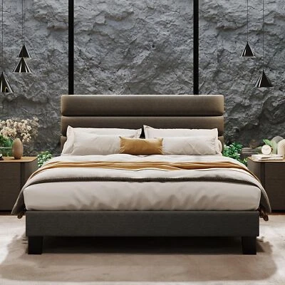 Cabecero moderno con marco de cama de matrimonio tela de lino tapizado plataforma muebles de cama Foto 1 de 4