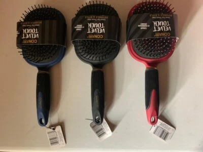 Lot of 3, Conair Velvet Touch Paddle Brush, Detangle & Style, Red, Blue, Black.  - Image 1 of 4