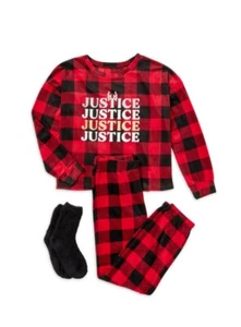 NWT 3-Piece Girls 12-14 JUSTICE Fleece Pajama Set Shirt Pants Socks Buffalo RED - Picture 1 of 3
