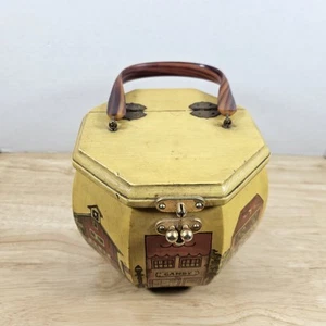 Vintage Decoupage Wood Octagon Box Purse With Handle Town Shops Church School - Picture 1 of 15
