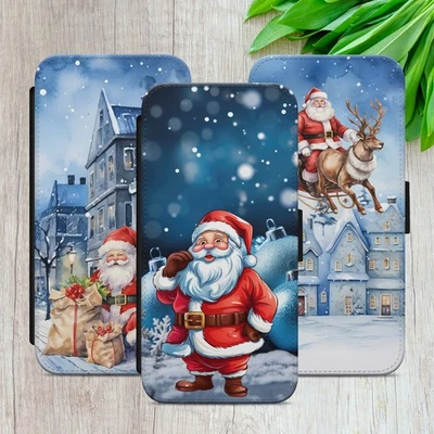 CHRISTMAS SANTA FLIP CASE FOR IPHONE SAMSUNG GOOGLE SNOW GIFT WALLET PHONE COVER - Image 1 of 4