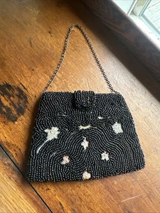 Black Antique  HAND Beaded & Embroidered Purse Antique metal stamped W/Chain.  - Picture 1 of 8