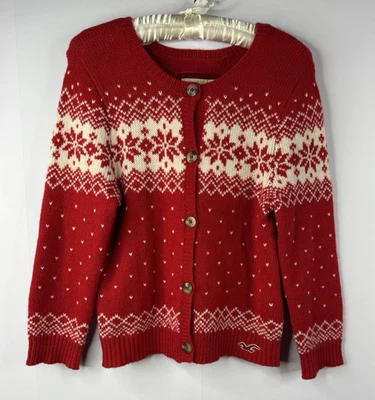 Cárdigan De Colección Hollister Fair Isle Corazón Rojo Copos de Nieve Talla L Mezcla de Lana Y2K Invierno Foto 1 de 4