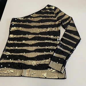 Moda International Sequin One Shoulder Top Size XS/S Golden Black Striped Disco - Picture 1 of 10