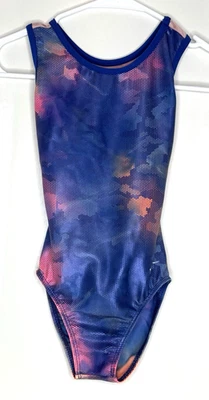 Destira CM Child Medium M Girls Gymnastics Leotard Blue Peach Marble Design - Image 1 of 4