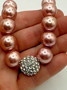 Faux Pearl Necklace Rhinestone Glass Pink Signed 17” - Picture 1 of 8