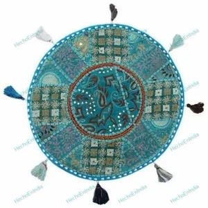 Khambadia Indian Cover Embroidery Round Ottoman Cover Patchwork Home Decor - Picture 1 of 7